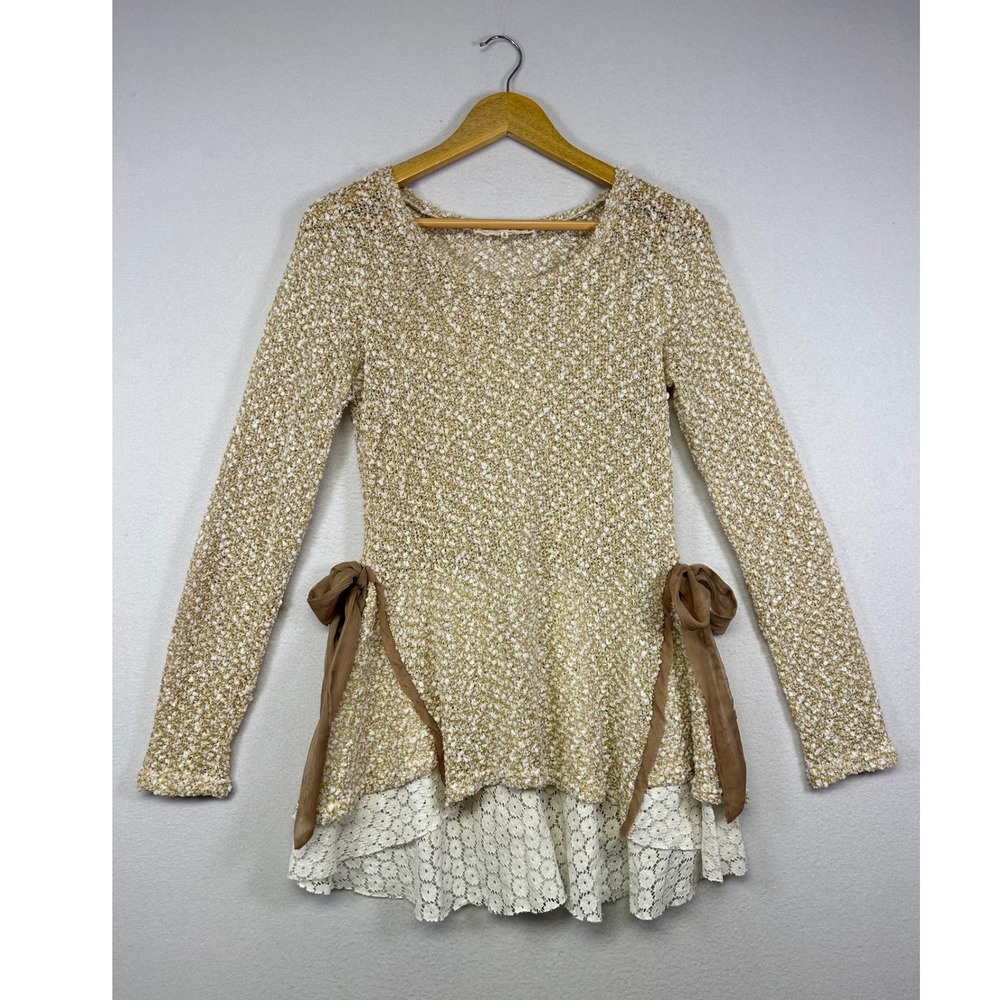 Girly Layered Look A'reve Women Sm Gold Cream Metallic Lace Bow Knit Sweater Top